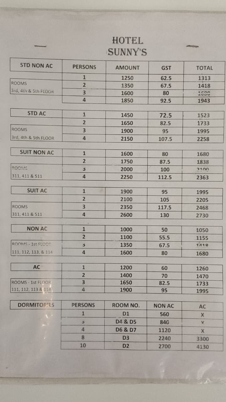 Hotel Sunnys printed rate chart for rooms, suites, and family and group rooms